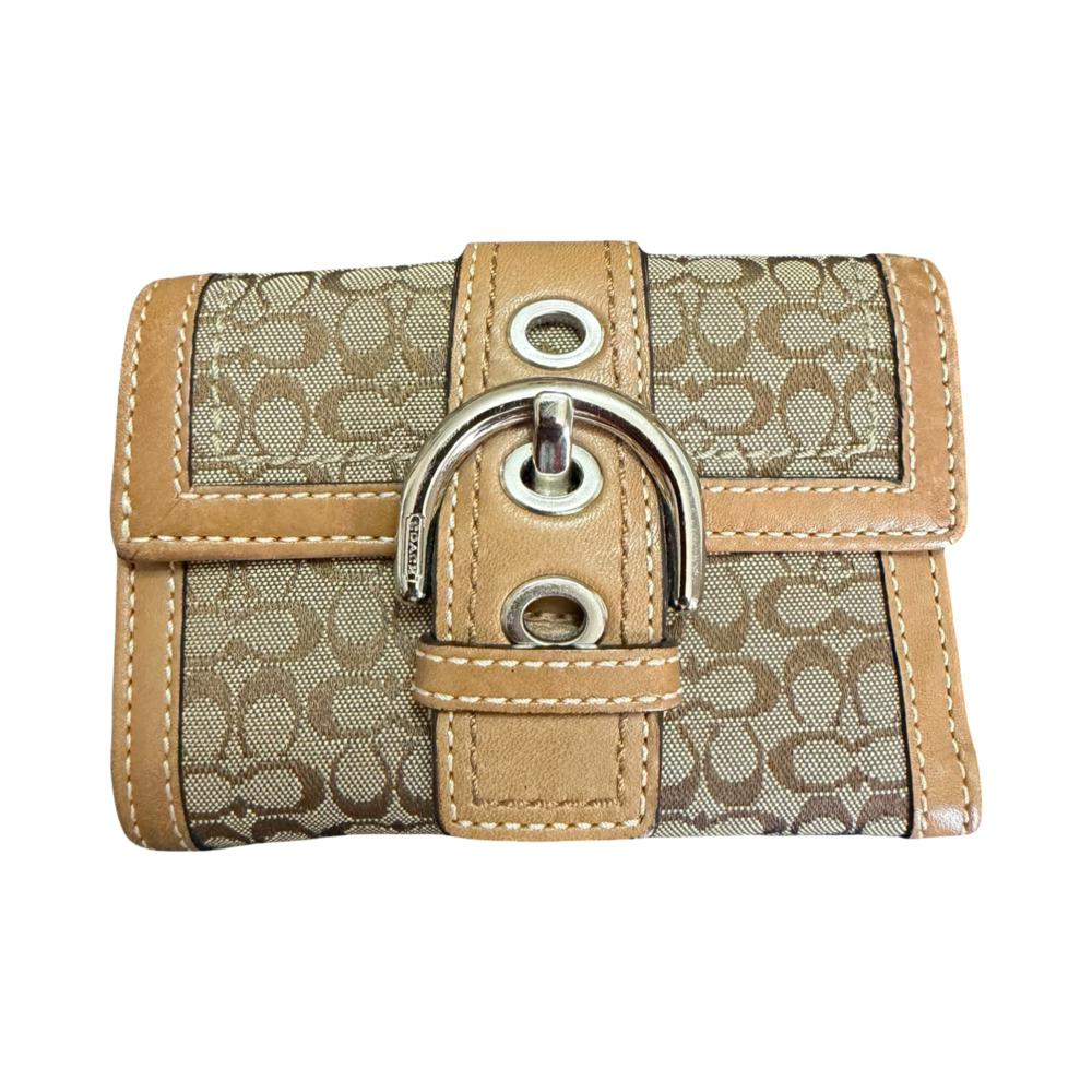 Vintage Coach Soho Khaki Brown Signature Jacquard Leather Buckle Tri-Fold Wallet